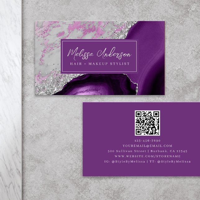 Marble Agate Purple Silver Glitter QR Code Business Card (Creator Uploaded)