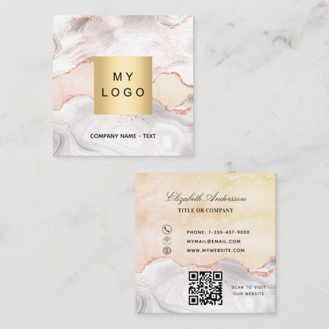 Marble agate rose gold logo QR code elegant Square Business Card (Front/Back)