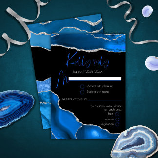 Marble Agate Royal blue Menu Choice Wedding RSVP