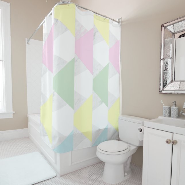 Marble and colourful triangles shower curtain (In Situ)