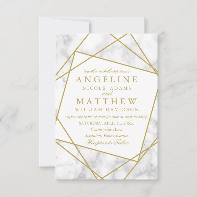 Marble and Faux Gold Geometric Wedding Invite (Front)