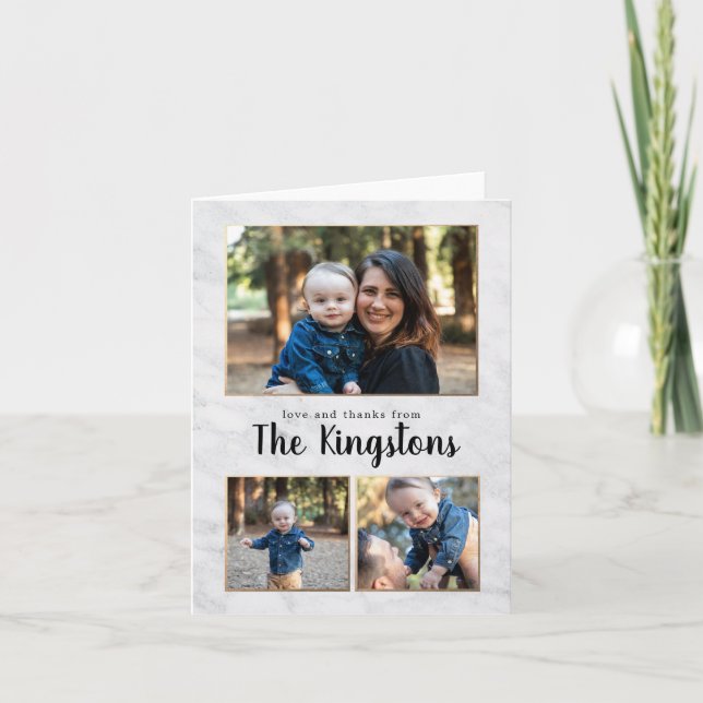 Marble and Gold 3 Photo Collage Thank You Cards (Front)