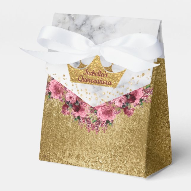 Marble and Gold Flowers and Crown Favour Box (Front Side)
