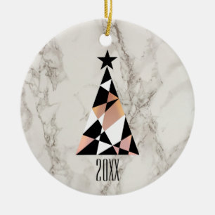 Marble and Rose Gold , Geometric Christmas Tree Ceramic Ornament