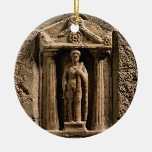 Marble and sandstone votive stele with female figu ceramic tree decoration