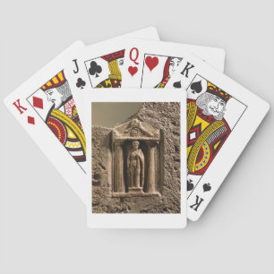 Marble and sandstone votive stele with female figu playing cards