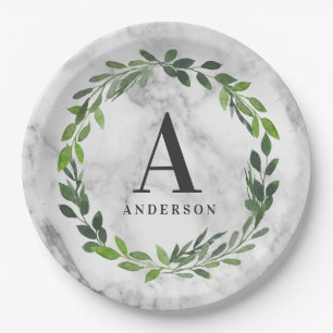Marble and watercolor wreath initial paper plate