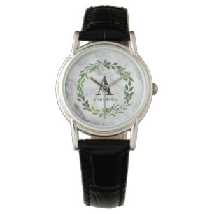 Marble and watercolor wreath initial watch