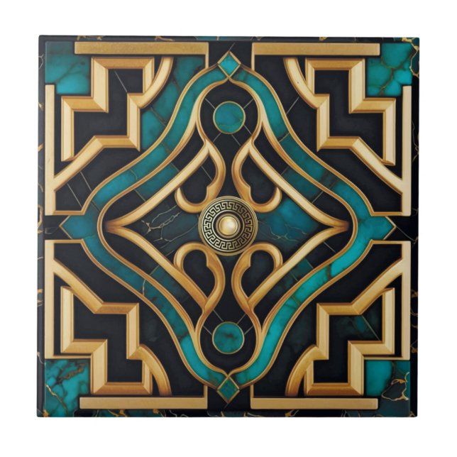Marble Art Deco Greek Sea Green Gold Mandala  Ceramic Tile (Front)