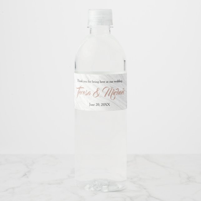 Marble Background pattern, Elegant wedding script Water Bottle Label (Front)