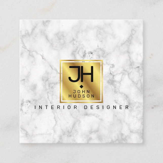 Marble Black and Gold Modern Monogram Square Business Card (Front)