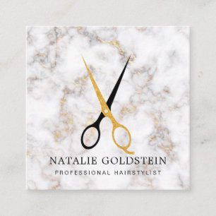 Marble Black and Gold Scissors Hairstylist Square Business Card