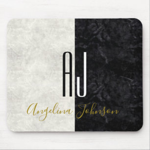 Marble Black and White Initials Monogrammed Mouse Pad