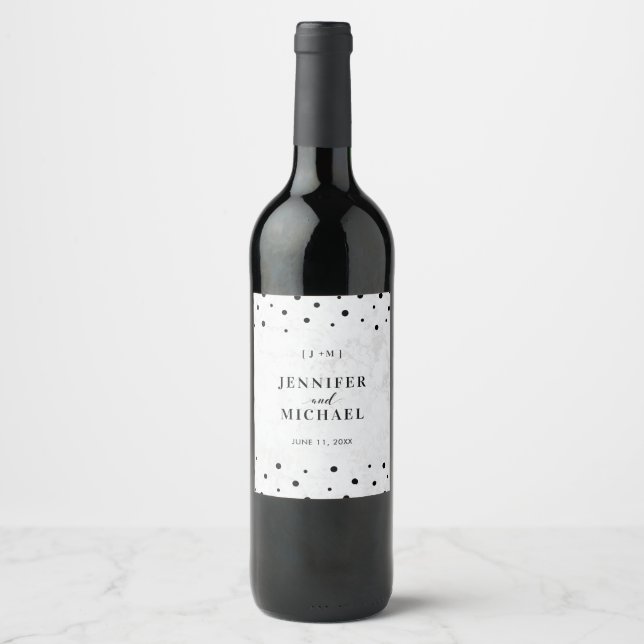 Marble & Black Confetti Modern Wedding Wine Label (Front)