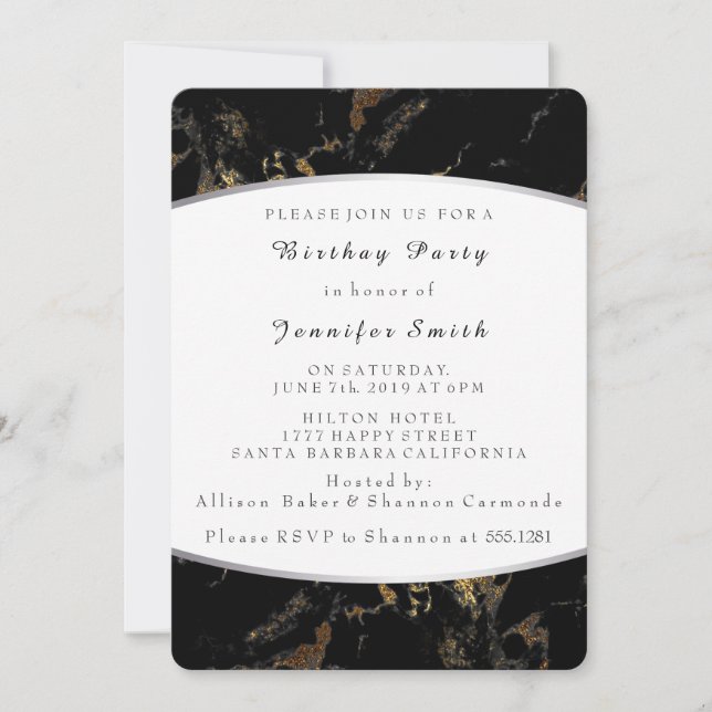 Marble Black Gold Birthday Party Silver Invitation (Front)