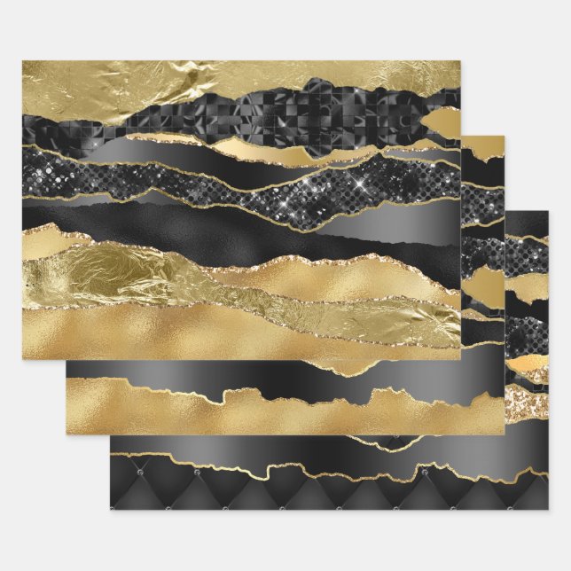 Marble black gold glitter elegant metallic foil  wrapping paper sheet (Set)
