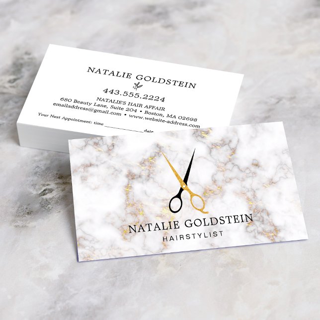 Marble Black Gold Scissors Hairstylist Appointment Business Card (Creator Uploaded)