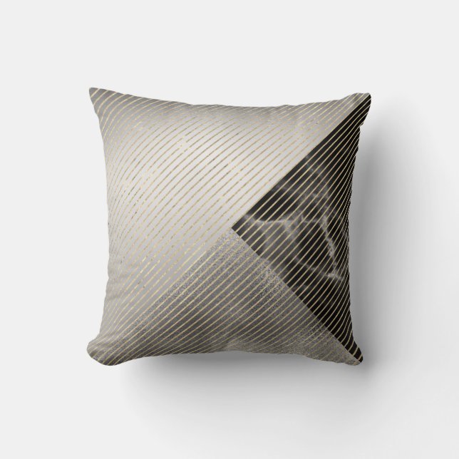 Marble Black Grey Silver Metallic Geometry Stripes Cushion (Front)