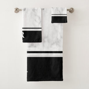 Marble Black White Striped Monogram Initial  Bath Towel Set