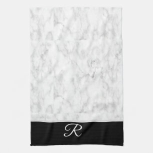 Marble Black White Style Monogram Personalised Tea Towel
