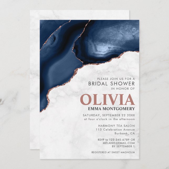 Marble Blue Agate Rose Gold Glitter Bridal Shower Invitation (Front/Back)