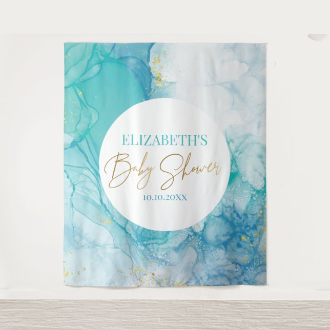 Marble blue mint baby shower modern backdrop tapestry (Front)