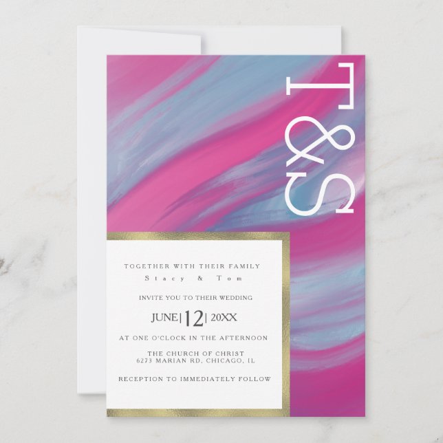 Marble Blue Pink Wash Typography Wedding Invitation (Front)