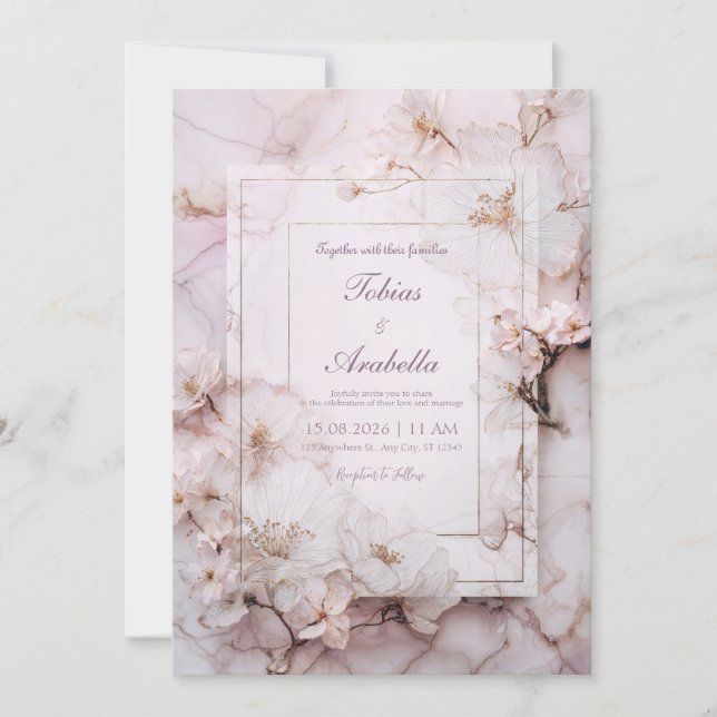 Marble Blush Floral Romantic Wedding  Invitation (Front)
