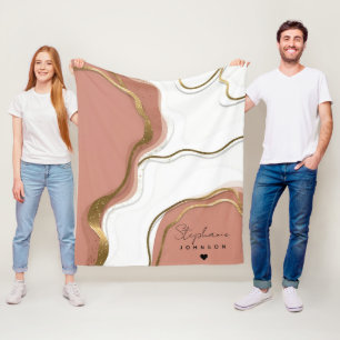 Marble Blush Pink Gold Agate Personalised Monogram Fleece Blanket