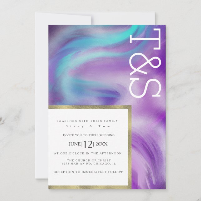 Marble Bold Mint Purple Blue Typography Wedding Invitation (Front)