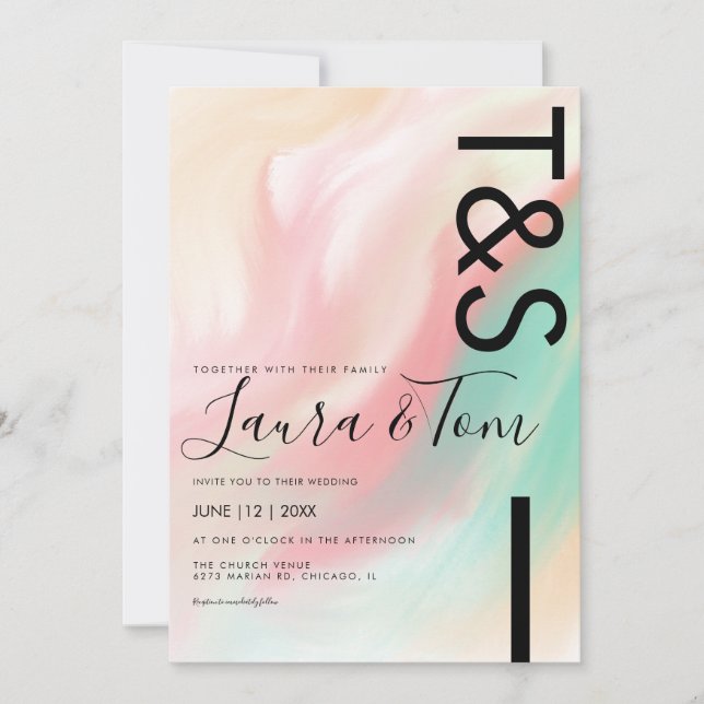 Marble Bold Pink Teal Peach Typography Wedding Inv Invitation (Front)