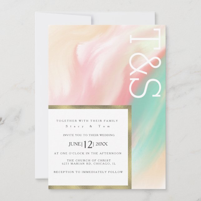 Marble Bold Pink Teal Peach Typography Wedding Invitation (Front)