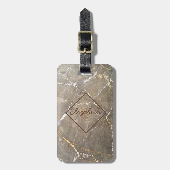 Marble Brown Stone Texture, Monogram-Personalised Luggage Tag (Front Vertical)