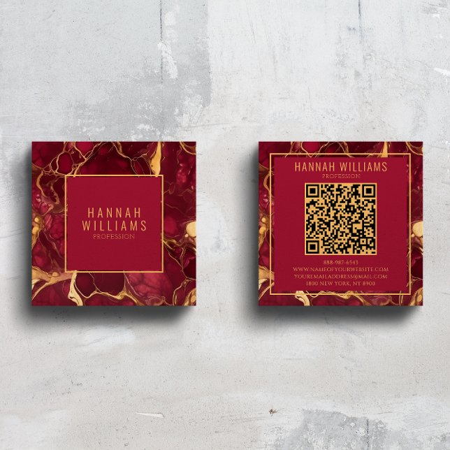 Marble Burgundy Gold Agate QR Code Bold Trendy Square Business Card (Creator Uploaded)