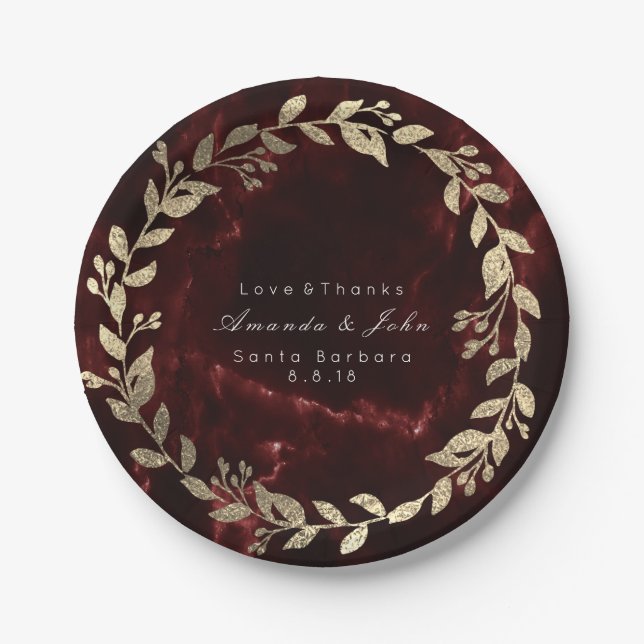 Marble Burgundy Gold Custom Floral Wreath VIP Paper Plate (Front)