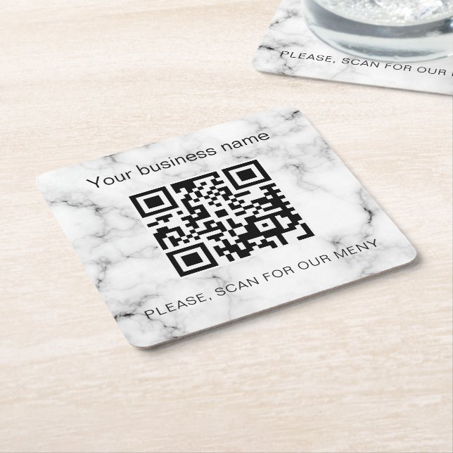 Marble business bar restaurant menu scan qr code square paper coaster (Angled)