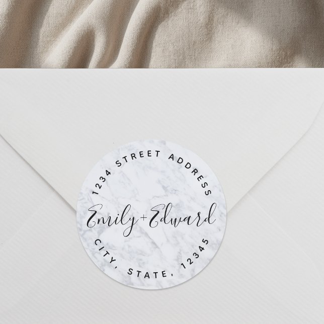 Marble Calligraphy Names Circular Wedding Address Classic Round Sticker (Creator Uploaded)