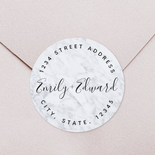 Marble Calligraphy Names Circular Wedding Address Classic Round Sticker