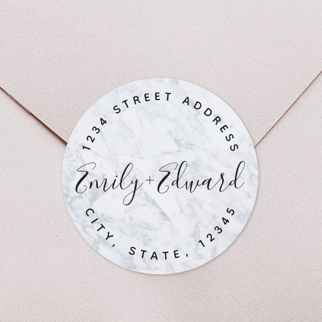 Marble Calligraphy Names Circular Wedding Address Classic Round Sticker (Creator Uploaded)