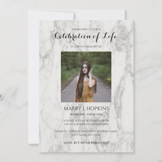 Marble Celebration of Life Invitation with Photo (Front)