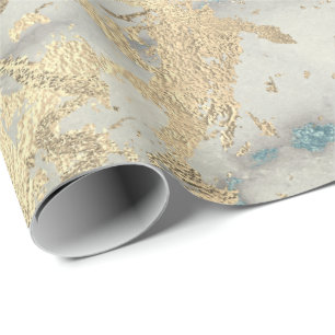Marble Champaigne Gold Sepia Blue Metal Strokes Wrapping Paper