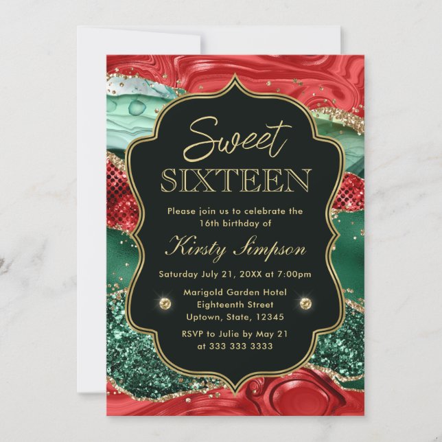 Marble Christmas Agate & Gold Glitter Sweet 16 Invitation (Front)