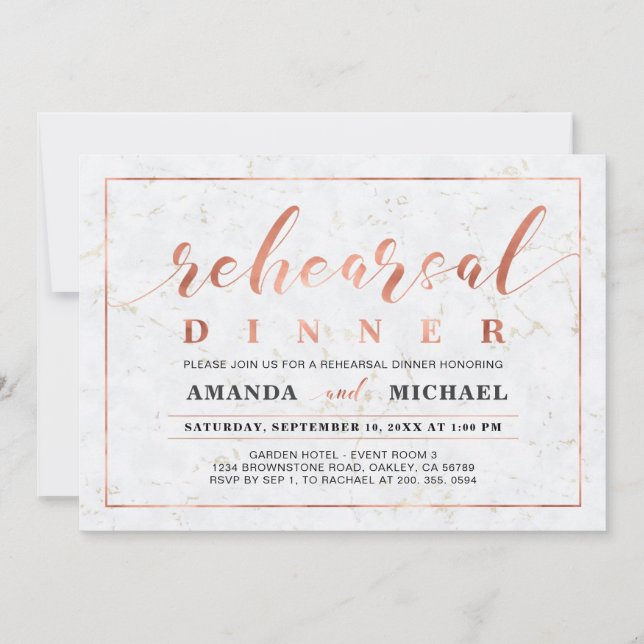 Marble & Copper | Modern Wedding Rehearsal Dinner Invitation (Front)