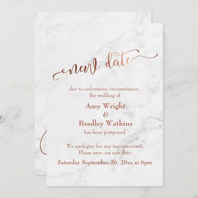 Marble Copper Postponed Wedding "New Date" Invitation (Front/Back)