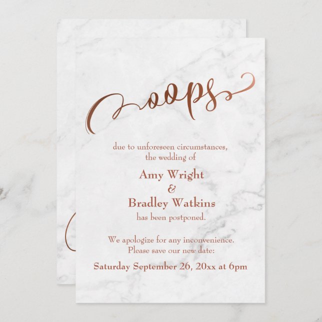 Marble Copper Postponed Wedding "Oops!" Update Invitation (Front/Back)
