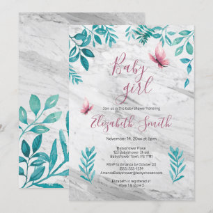 Marble cute floral watercolor pink butterfly invitation