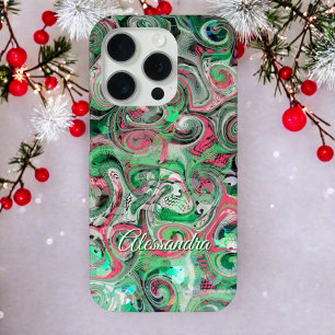 Marble cute script name festive green red white iPhone 15 pro case