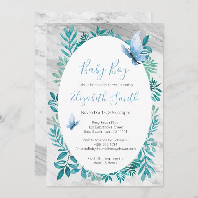 Marble cute watercolor blue butterfly babyshower invitation (Front/Back)