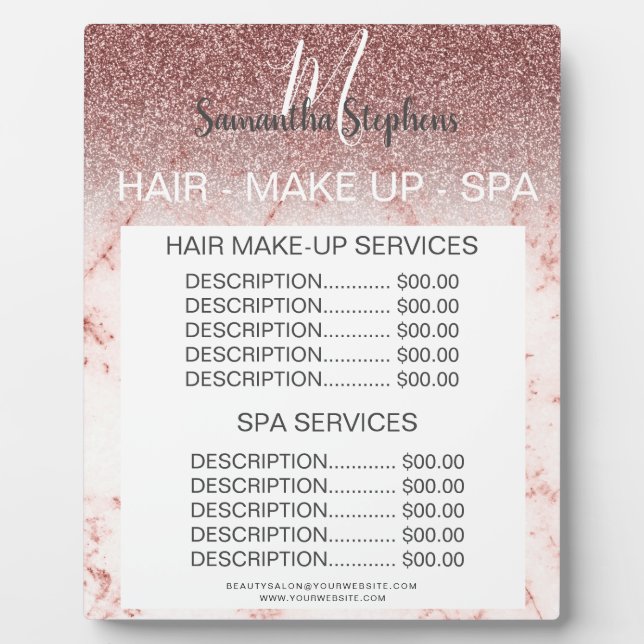 Marble Dark Pink Glitter Hair SPA Salon Price Menu Plaque (Front)