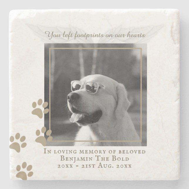 Marble Dog Memorial Photo Plaque Angel Wings Stone Coaster (Front)